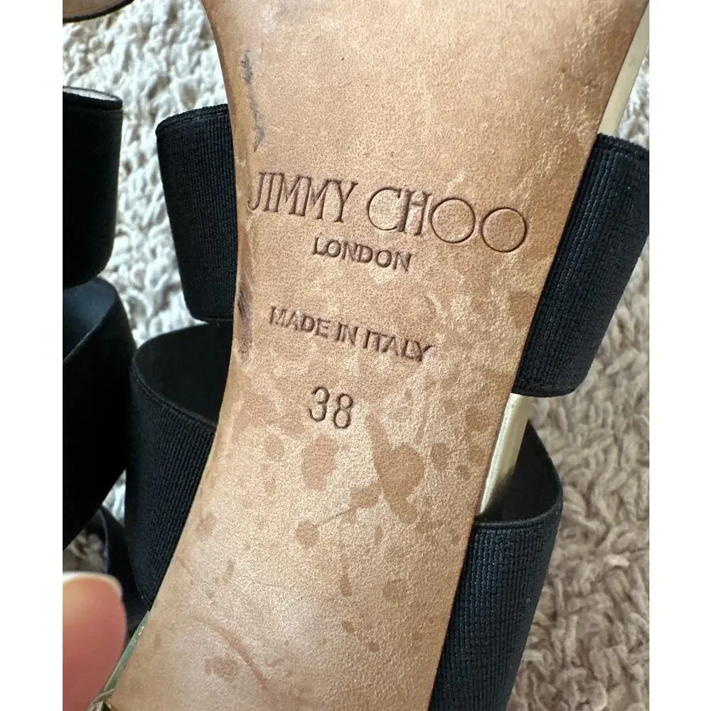 Jimmy Choo Dario Black Ladder Strap Gold Heel Sandals‎ Size US 8, IT 38